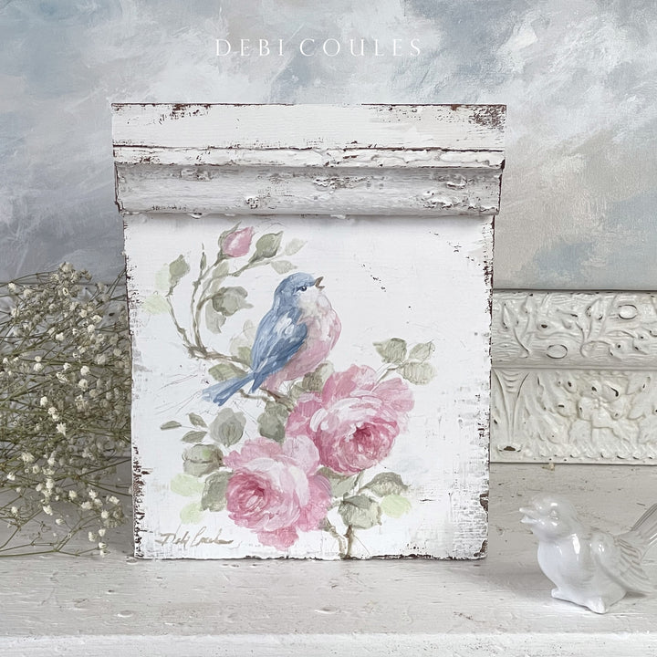 Antique Plinth Block with Hand-Painted Bluebird, Roses – Shabby Chic by Debi Coules