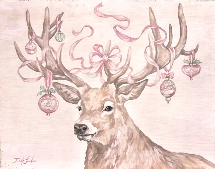 Shabby Chic Christmas Pink Stag Reindeer With Ornaments Wood Print by Debi Coules