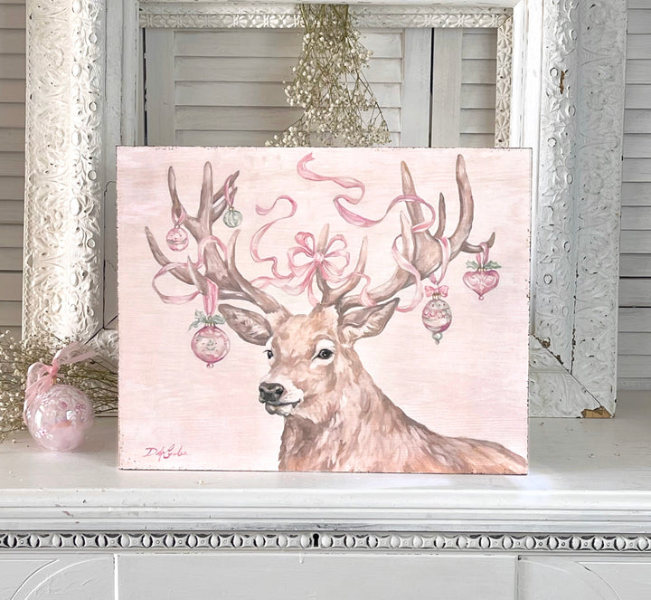Shabby Chic Christmas Pink Stag Reindeer With Ornaments Wood Print by Debi Coules