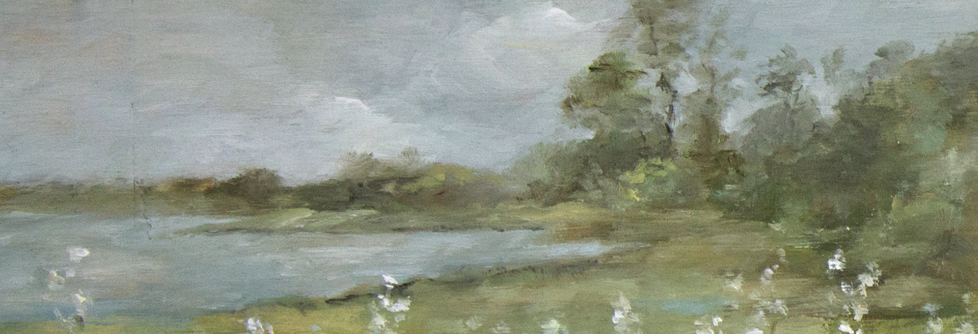 Oil painting of a still and peaceful lake in the English Countryside
