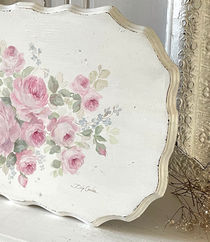 Shabby Chic Pink Roses Antique  Large Wall Plaque Wood Original by Debi Coules