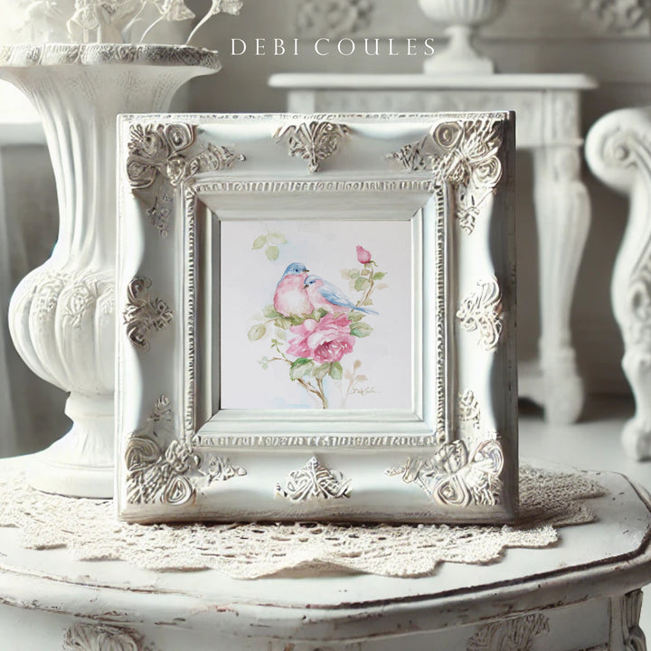 Shabby Chic Bluebirds Garden Watercolor Fine Art Paper Print by Debi Coules