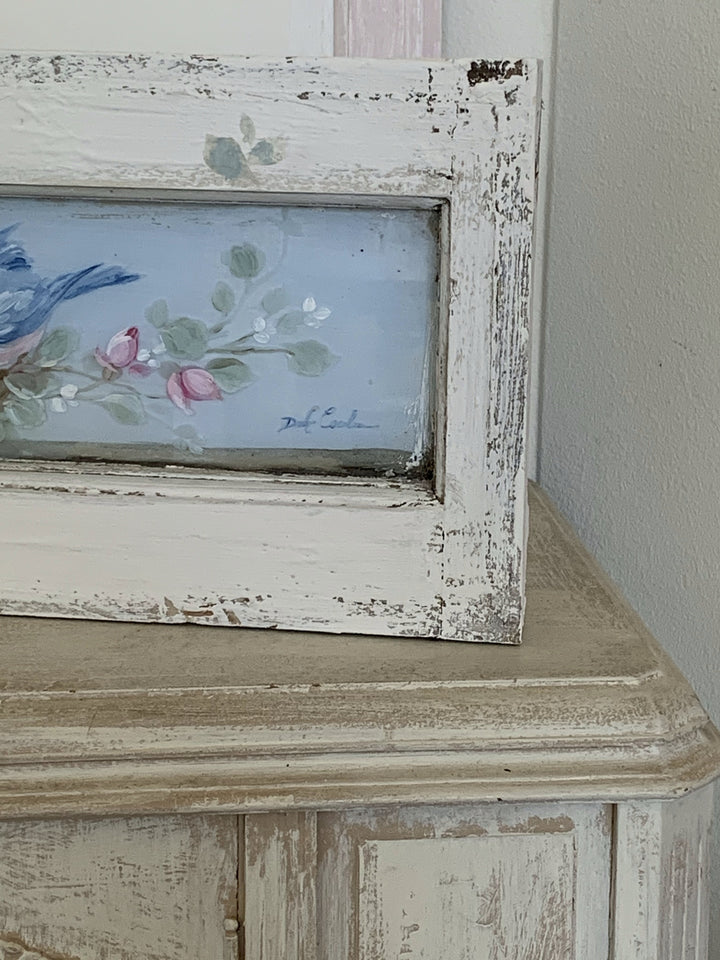 Romantic Antique Window with Bluebirds Nest and Roses by Debi Coules