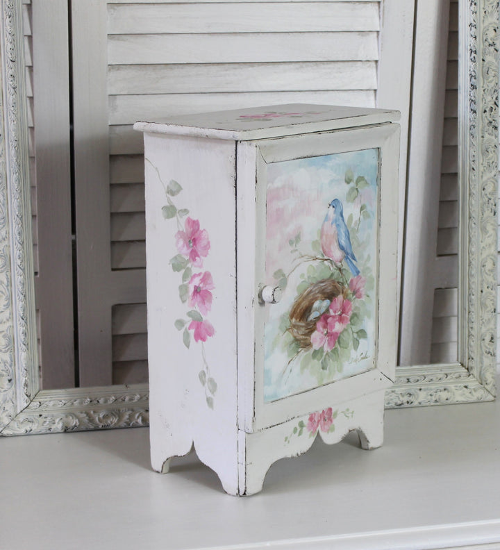 Shabby Chic Antique jewelry Cabinet Bluebird and Roses Romantic Cottage by Debi Coules