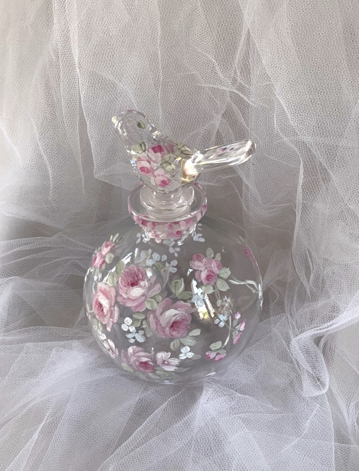 Shabby Chic French Pink Roses Hand Painted Glass Perfume Bottle With Glass Bird Topper by Debi Coules