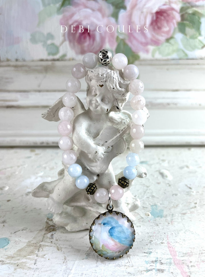 Shabby Chic Romantic Bluebird Charm Bracelet Rose Quartz and Aquamarine Quartz by Debi Coules Boho