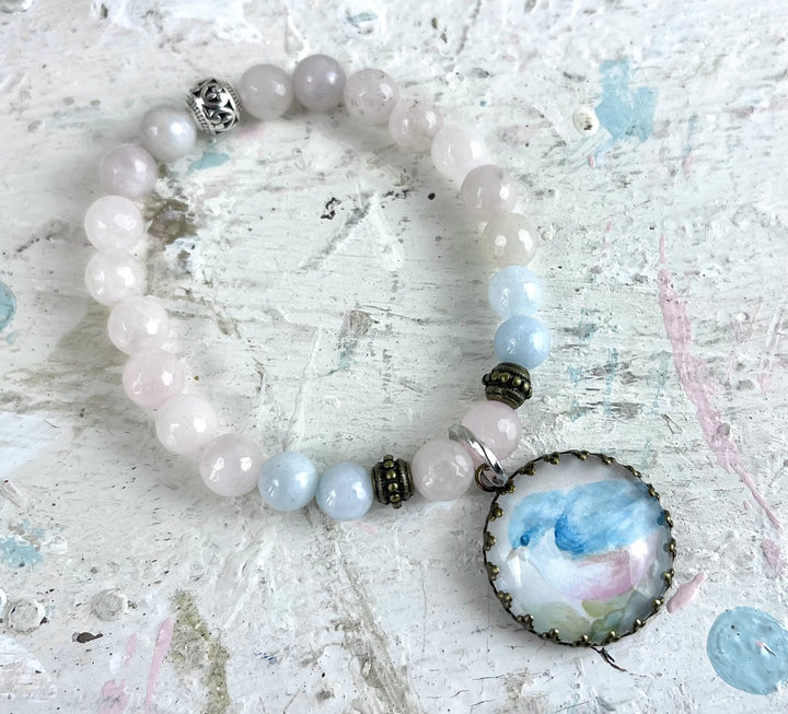 Shabby Chic Romantic Bluebird Charm Bracelet Rose Quartz and Aquamarine Quartz by Debi Coules Boho