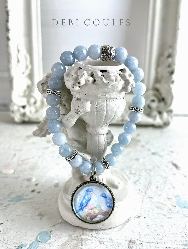 Shabby Chic Boho Aquamarine Quartz Bluebirds and Nest Charm Bracelet by Debi Coules Boho