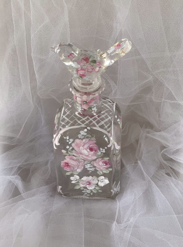 Shabby Chic French Roses Hand Painted Glass Perfume Bottle With Glass Bird Topper by Debi Coules