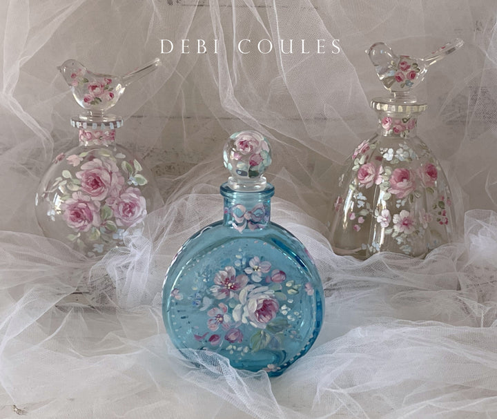 Shabby Chic French Roses Hand Painted Scalloped Edge Glass Perfume Bottle With Glass Bird Topper by Debi Coules