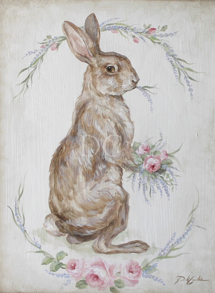 Shabby Chic Bunny With Roses and Lavender Vintage Wood Panel Wall Art by Debi Coules