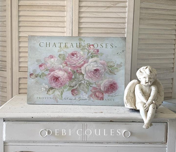 Romantic French Saying Sign Chateau de Roses Pink Roses Shabby Chic by Debi Coules