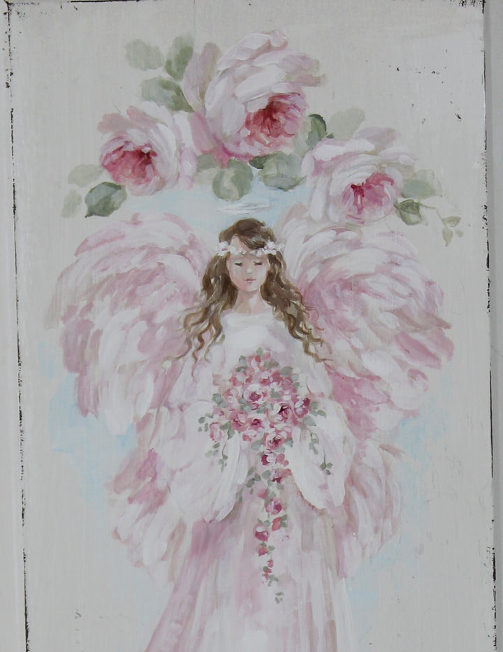 Angel with Roses Wood Panel Vintage Shabby Chic by Debi Coules