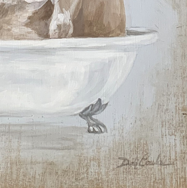 A Beautiful Tan Cow lounging in a vintage bathtub is sure to make you smile. She has a floral crown hightlighted with pink roses. , various shades of pink, off pink, mauve, whites on a blue grey background. Lots of shabby chic, modern farmhouse, and cottage warmth. Fabulous art by Debi Coules