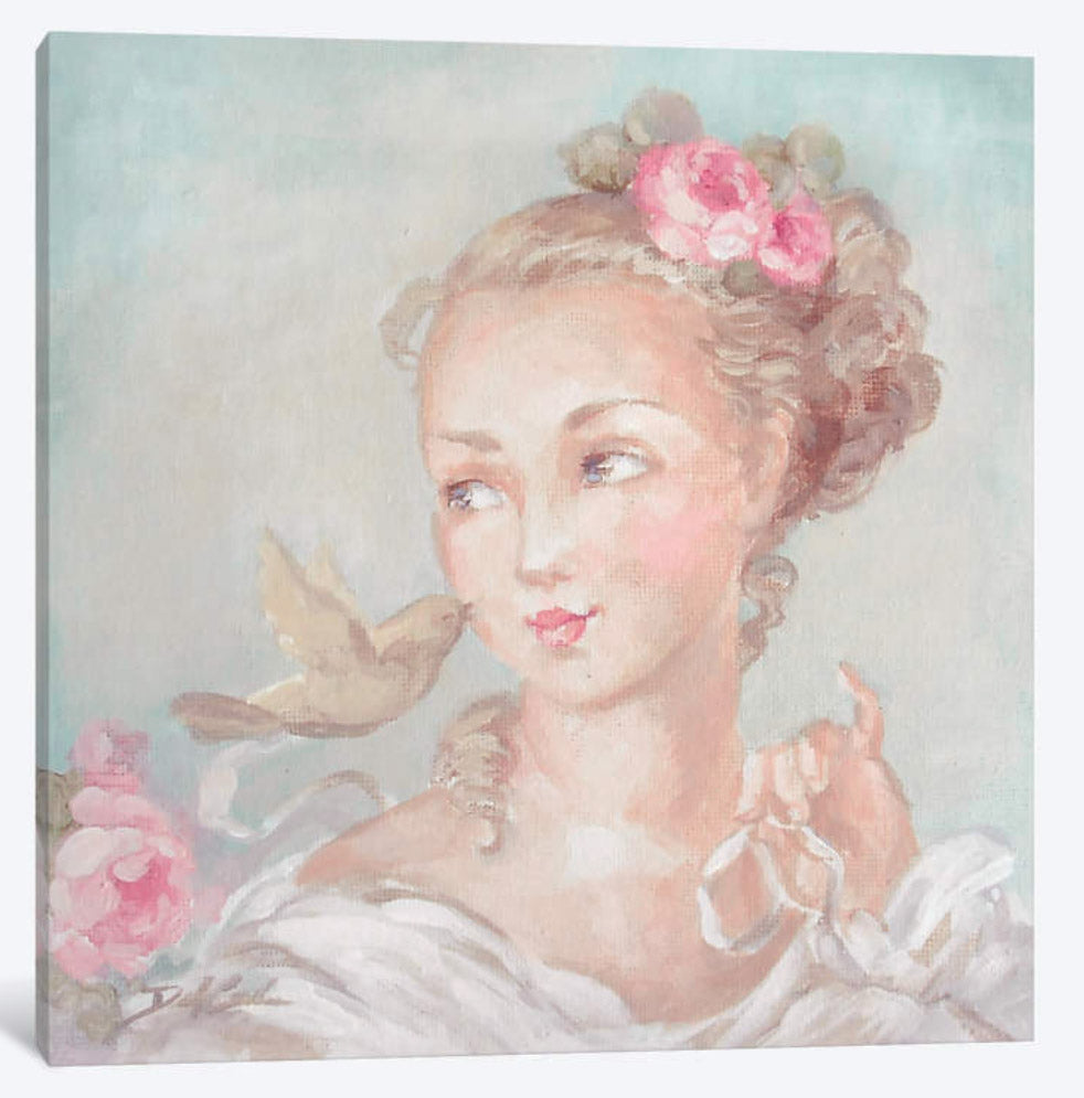 A beautiful French girl with pink Roses in her hair and a bouquet of pink roses next to her. A small bird caries a ribbon, helping her dress. Seductive blue eyes blance away from the viewer.All on a blue/green background