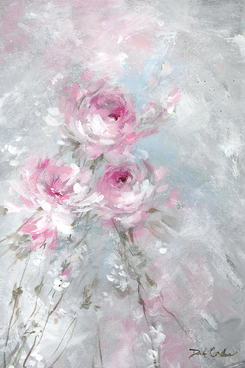 A canvas print featuring a gentle breeze with roses blooming, in shades of pink, white, and blue.