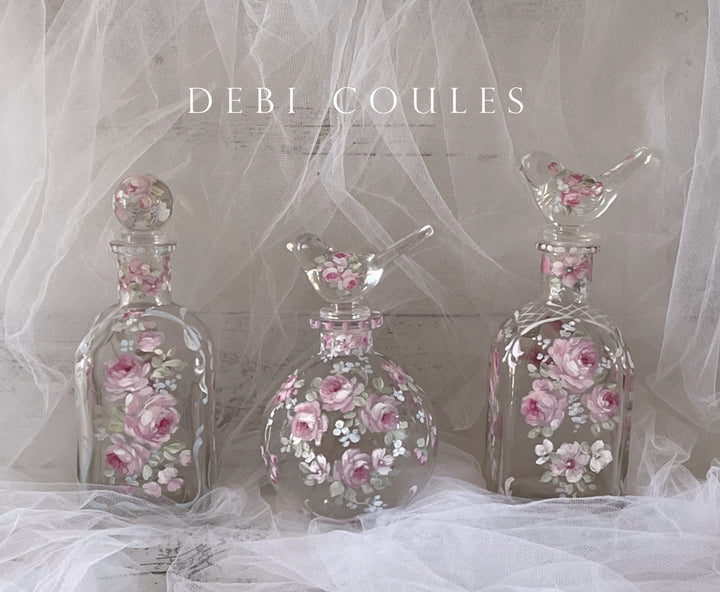Shabby Chic French Pink Roses Hand Painted Glass Perfume Bottle With Glass Bird Topper by Debi Coules