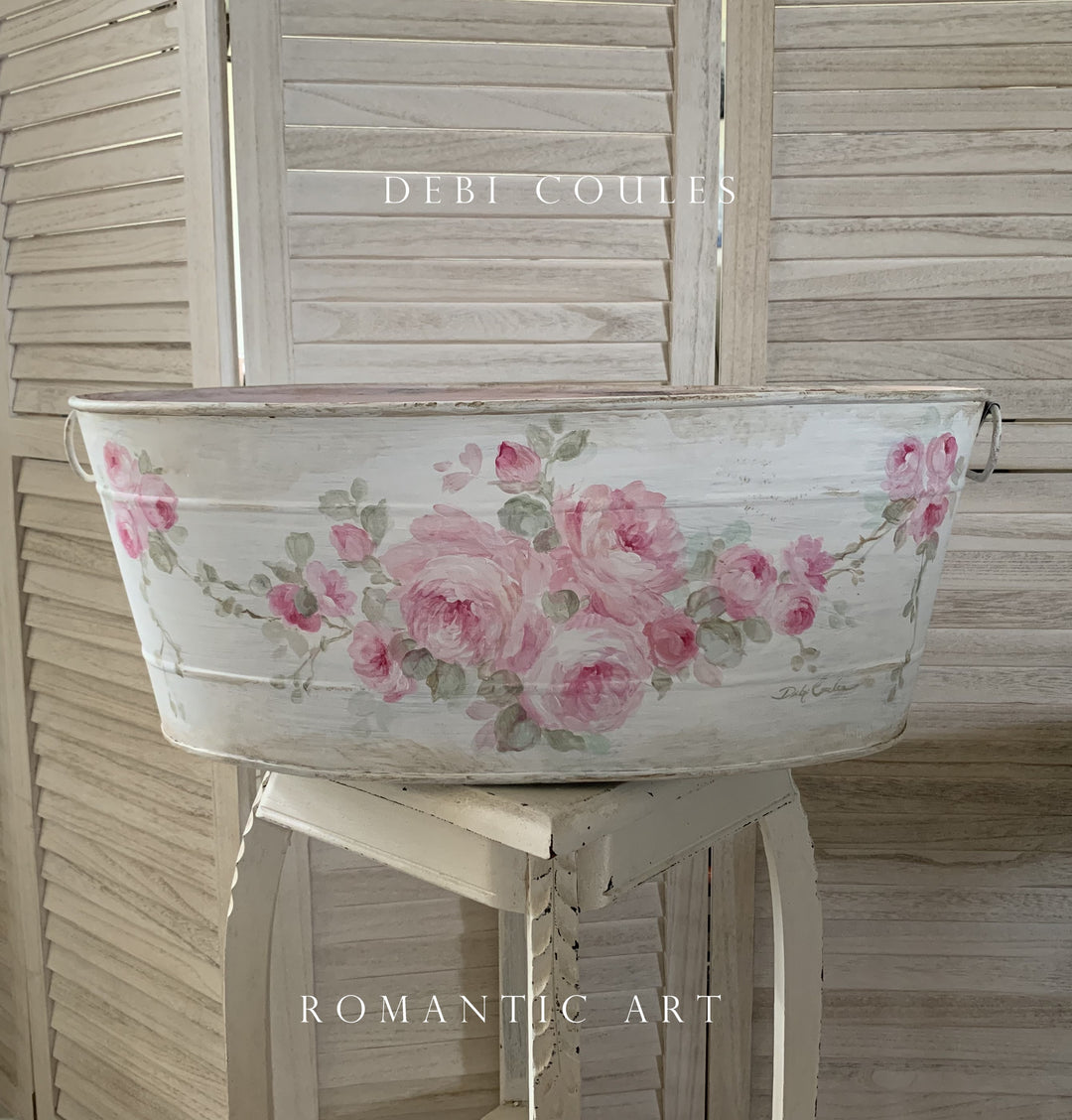 Romantic Large Shabby Chic Vintage Style Cabbage Roses Bucket by Debi Coules