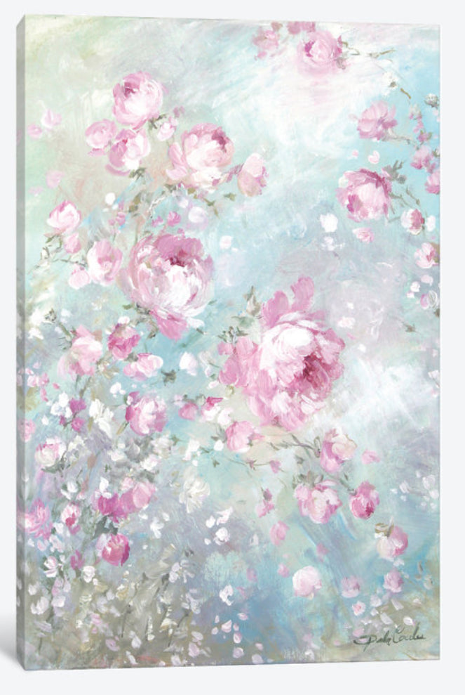 A canvas print featuring a watercolor-style illustration of pink and white flowers, with a blue background.