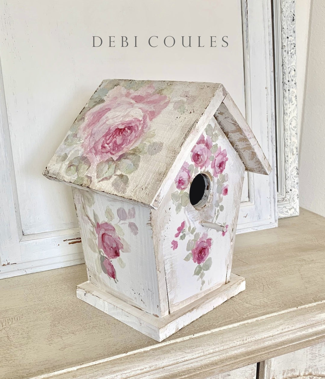 Shabby Chic Romantic Roses Vintage Style Birdhouse by Debi Coules