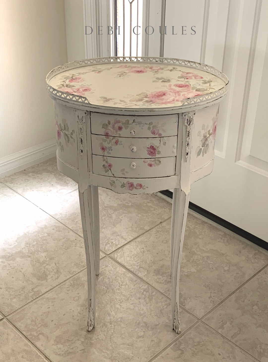 Romantic Vintage French Shabby Chic Louis XV Style Roses Accent Table/Nightstand by Debi Coules