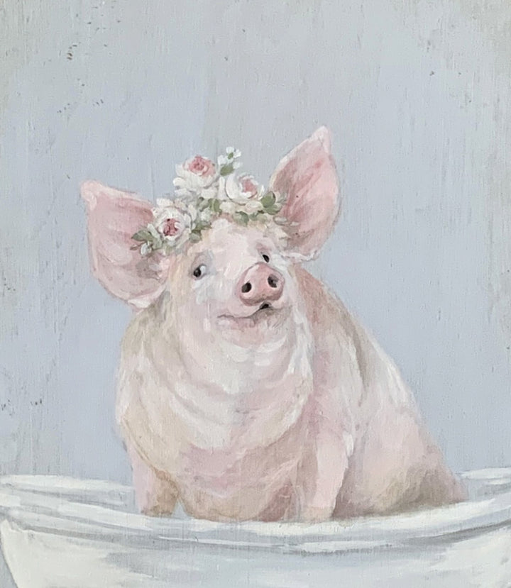 "Pig In A Tub" Framed Wood Print