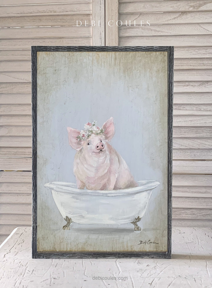 "Pig In A Tub" Framed Wood Print