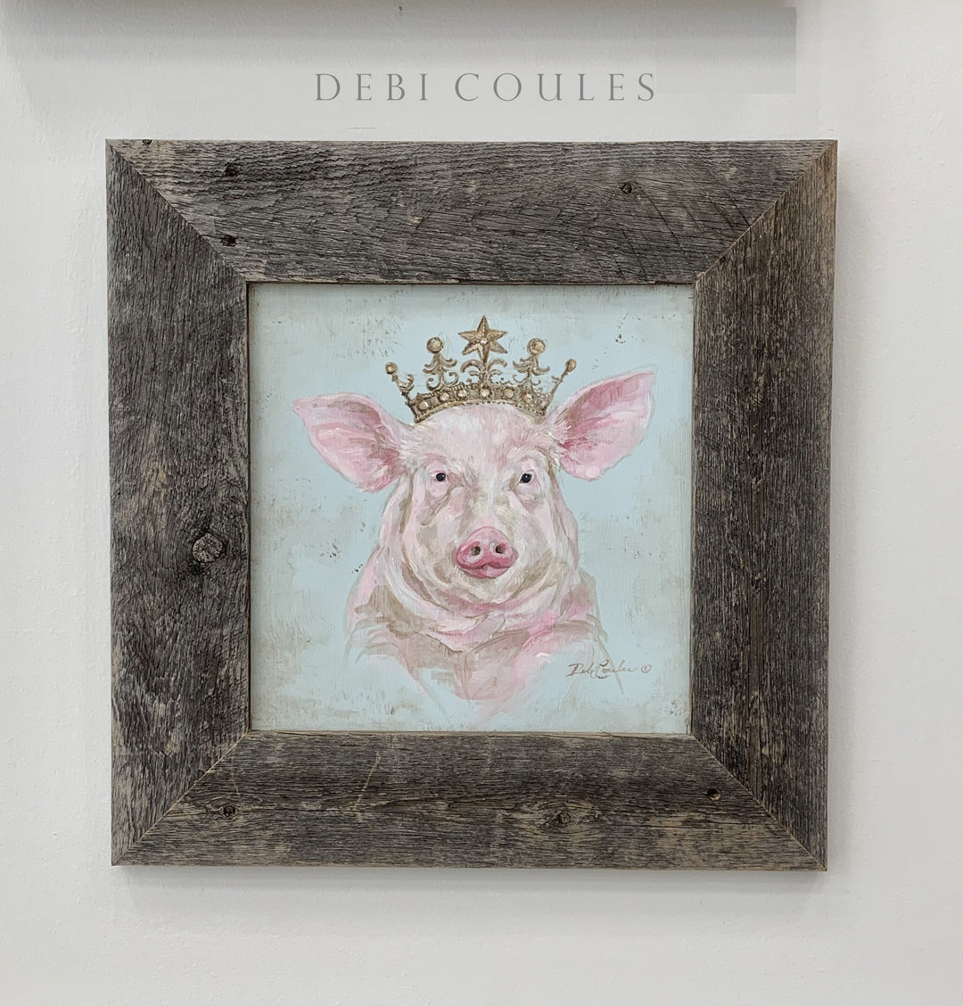 "Pig With Crown" Framed Original Painting by Debi Coules