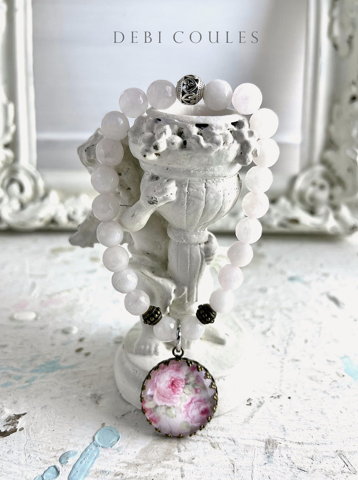 Shabby Chic Romantic Roses and Roses Rose Quartz Charm Bracelet by Debi Coules Boho