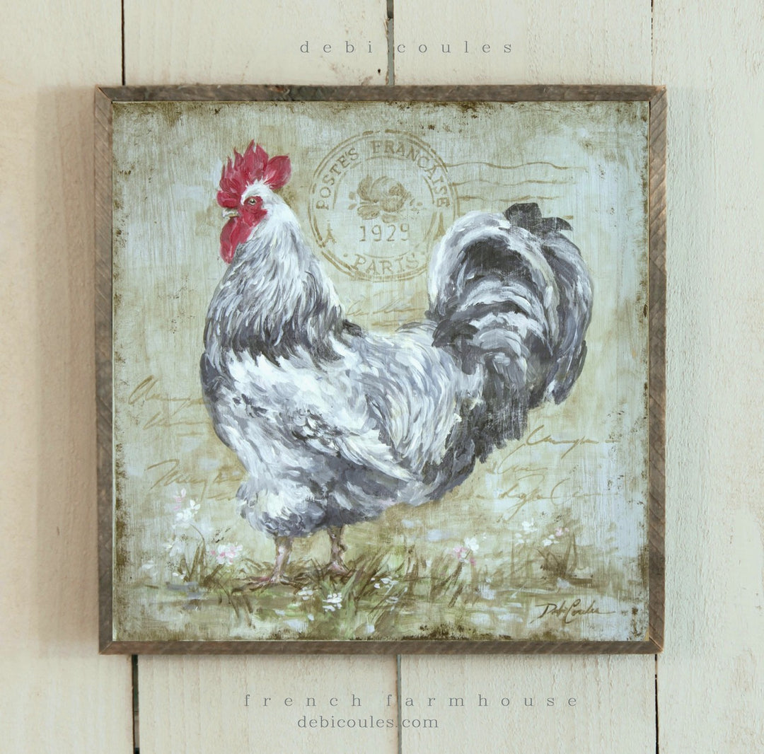 Barn wood framed white and black rooster with French postage stamp, blue distressed background. Rustic Barn wood style frame. Debi coules artist, animals, farmhouse collection. touch of French, shabby, cottage, Chic to your home décor.