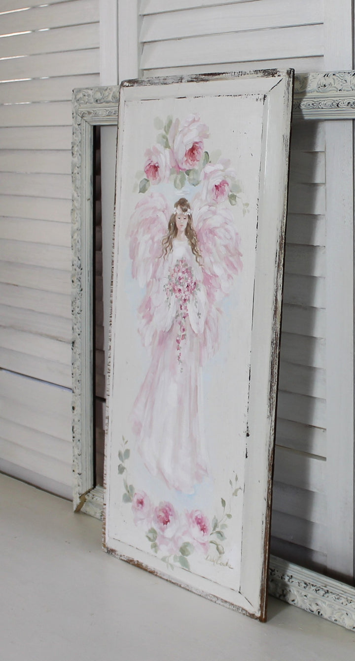 Angel with Roses Wood Panel Vintage Shabby Chic by Debi Coules