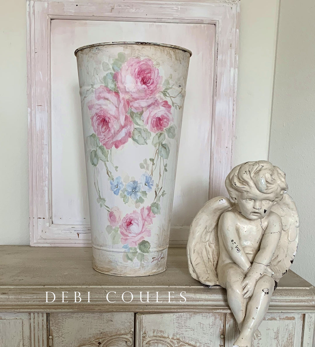 Shabby Chic Large  Romantic Pink Roses Florist Bucket by Debi Coules
