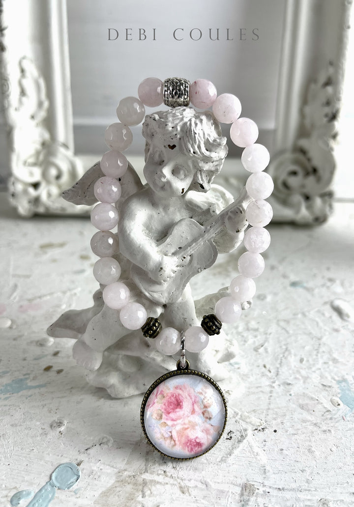 Shabby Chic Boho Romantic Faceted Rose Quartz Roses Charm Bracelet by Debi Coules