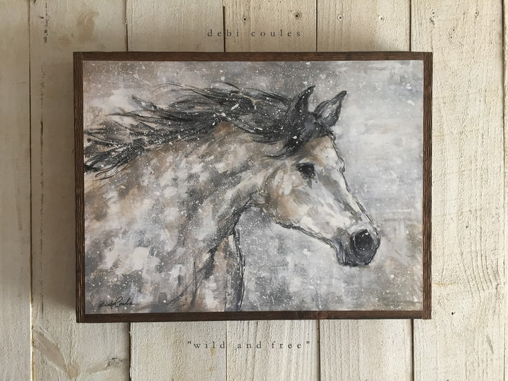 Wild horse running free in the snow, Browns blacks and greys Wild and Free Print on wood by Debi Coules, wild mustang running thru a snow storm, Head held high, dapple of grey, white, tan, with darker brown mane, muted background, almost blueish grey, intense eyes, wind flowing thru hair, cottage chic, shabby
