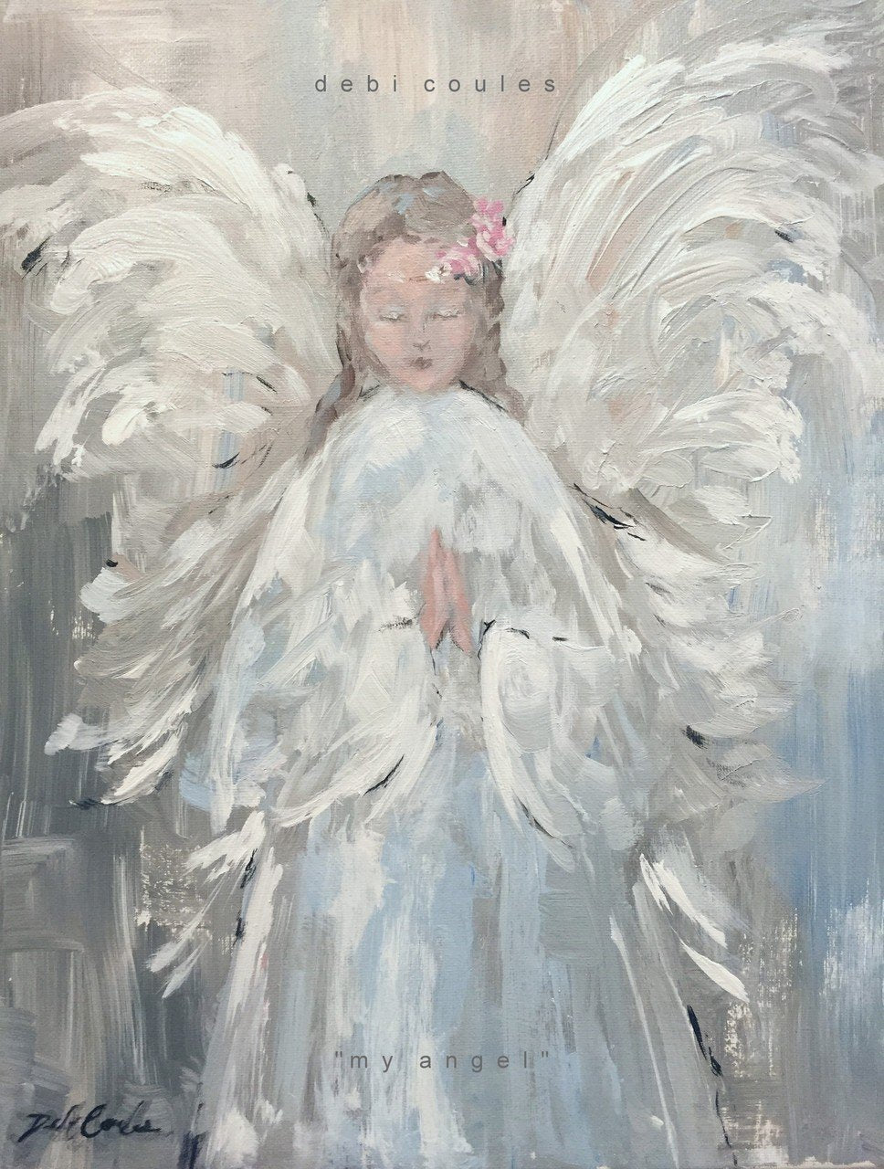 Angel artwork featuring a winged angel adorned with a halo of roses and look of serenity with her hands gently clasped in prayer. Painted in a shabby chic style and printed on canvas.
