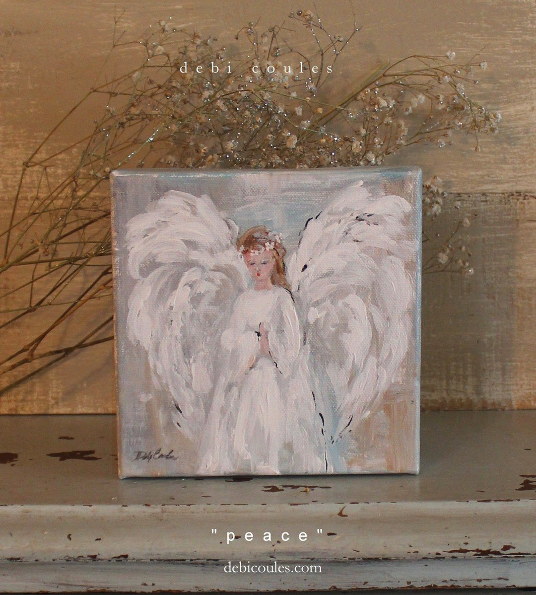 Mini angel painting titled "Peace" portays a praying, winged angel adorned in white in a rustic, impressionist style