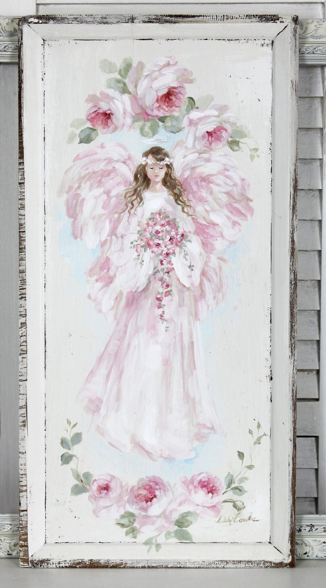 Original Painting of a brown haired angel holding a cascading rose bouquet