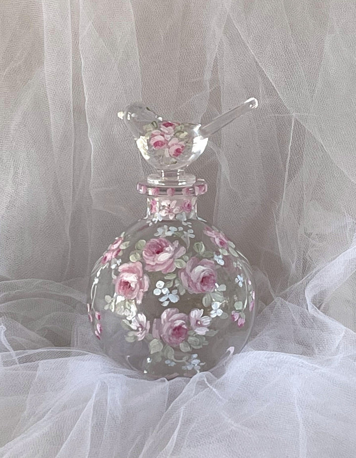 Shabby Chic French Pink Roses Hand Painted Glass Perfume Bottle With Glass Bird Topper by Debi Coules