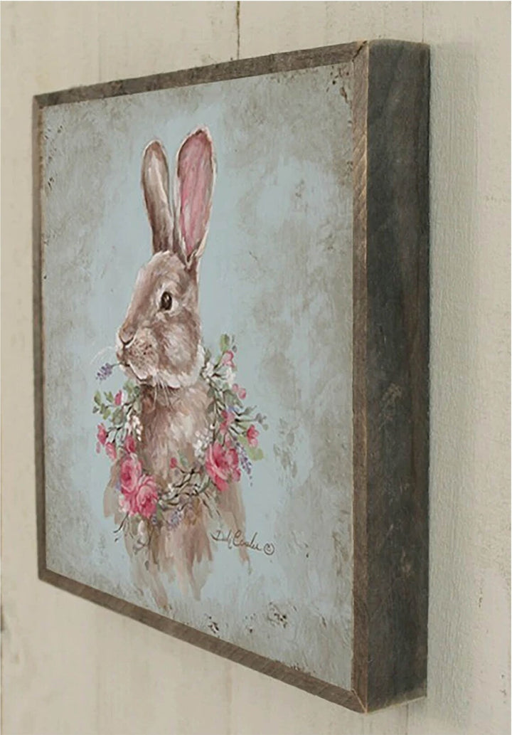 French farmhouse bunny with pink roses wreath, lavender in mouth, wall art, Pink Rose, Printed on wood and framed in barnwood frame, Debis love for animals is apparent in all her farmhouse collection, French Chic, home décor, Artist Debi Coules