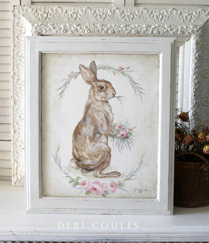 Shabby Chic Bunny With Roses and Lavender Vintage Wood Panel Wall Art by Debi Coules