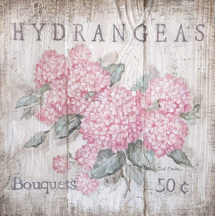 Pink Hydrangeas Wood Print Shabby Chic Romantic Cottage Sign by Debi Coules