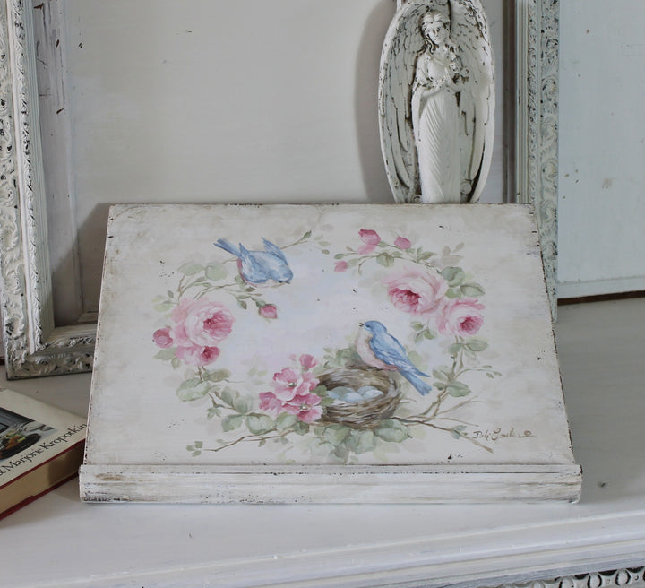 Romantic Shabby Chic Wood Bookstand Cookbook IPad Bible Stand Bluebird Roses and Nest Chic by Debi Coules