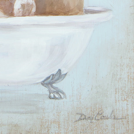 A Beautiful Tan Cow lounging in a vintage bathtub is sure to make you smile. She has a floral crown hightlighted with pink roses. , various shades of pink, off pink, mauve, whites on a blue grey background. Lots of shabby chic, modern farmhouse, and cottage warmth. Fabulous art by Debi Coules