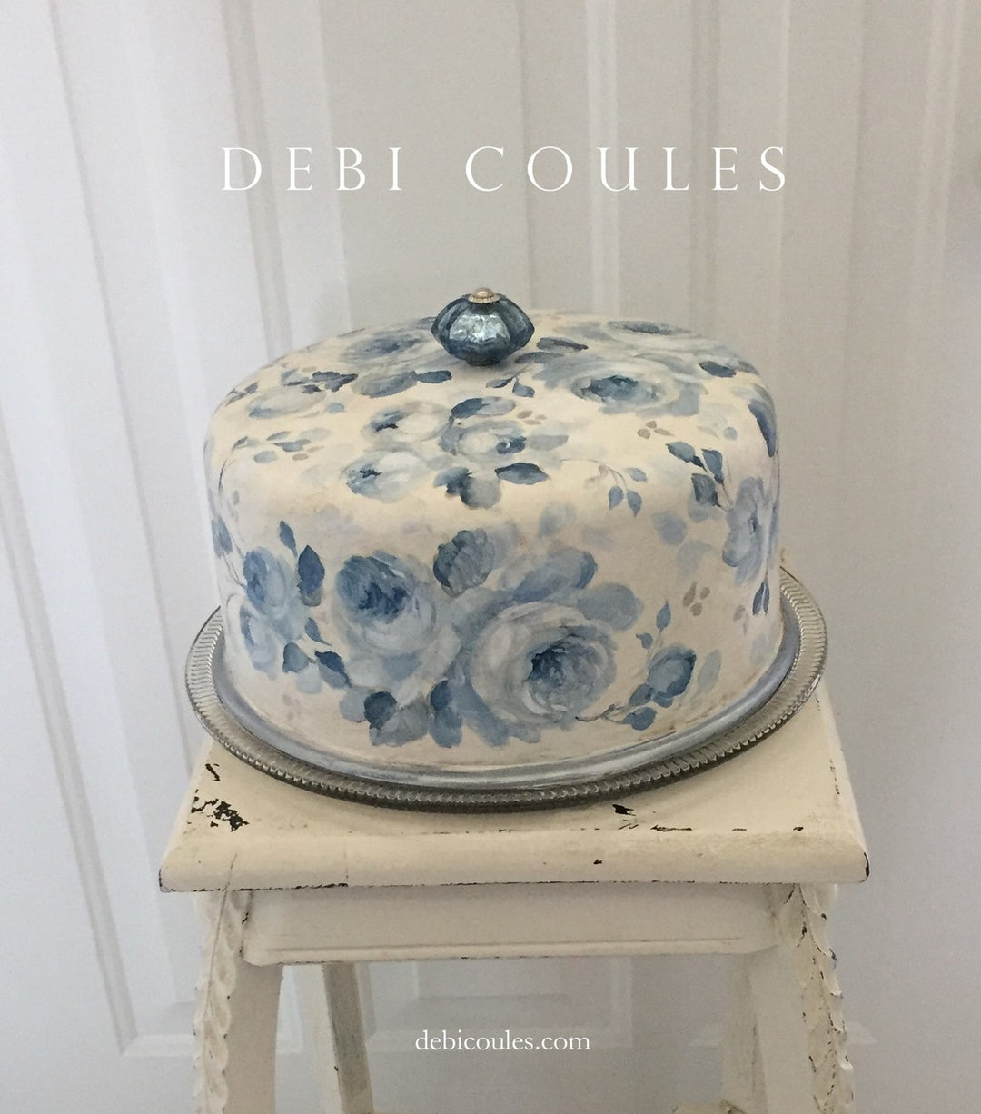 Romantic Vintage Shabby Cottage Chic Blue Roses Cake Cover with Dish by Debi Coules