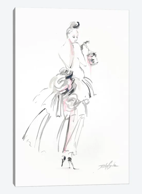 Elegant fashion portrait, Tall woman standing, posing with her back to the camera, Long flowing dress reveals and open back with large chiffon roses lining the lower back and derriere , stiletto heels set off the look, She wears black gloves holding a small bag, her hair is in a bun on top of her head.