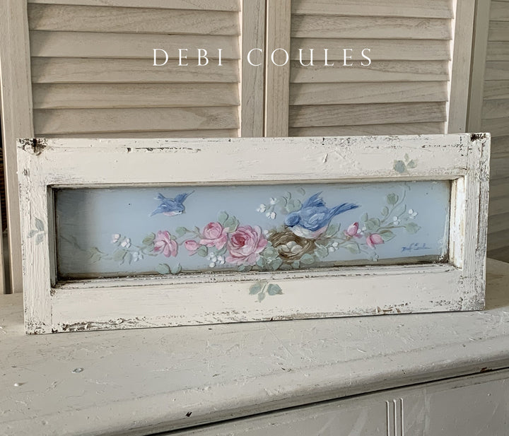 Romantic Antique Window with Bluebirds Nest and Roses by Debi Coules