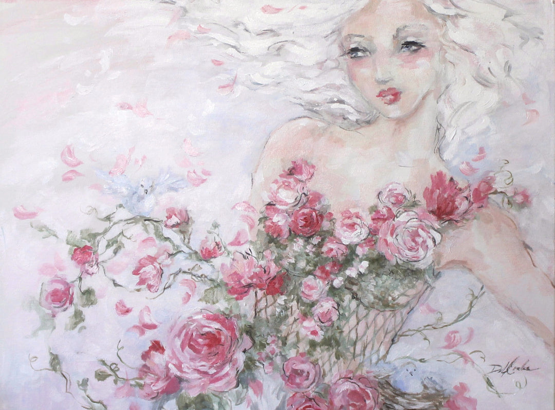 A svelte figure of a woman dressed in a sexy bodice completely draped in pink and red roses, hair flowing in the breeze. Canvas print by Debi Coules