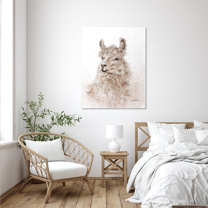 Llama painting artwork hanging in contemporary scandanavian bedroom