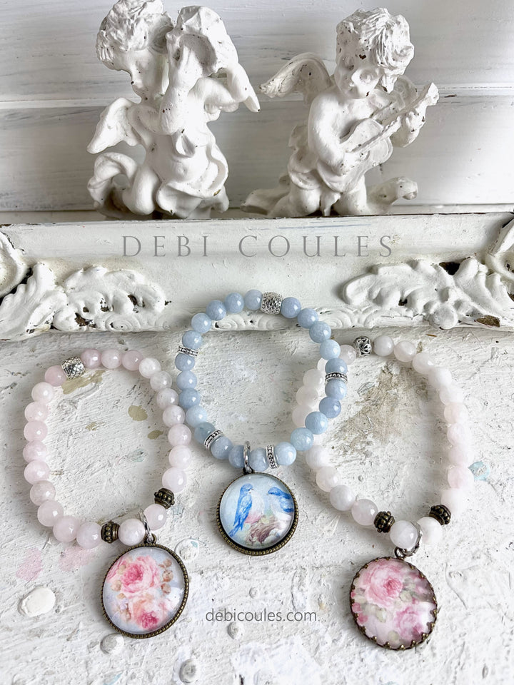 Shabby Chic Boho Romantic Faceted Rose Quartz Roses Charm Bracelet by Debi Coules