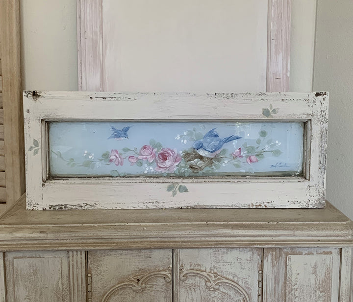 Romantic Antique Window with Bluebirds Nest and Roses by Debi Coules